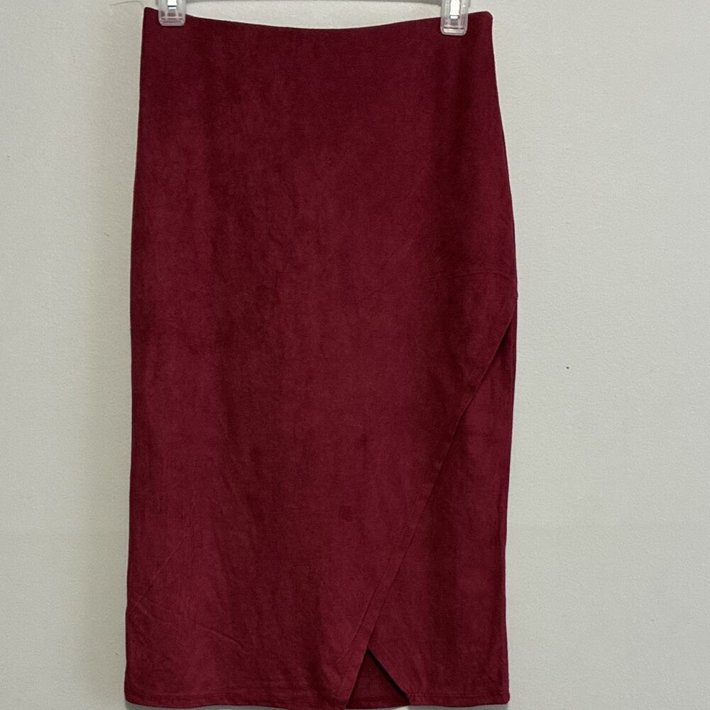 Heart Hips Burgundy Faux Suede Pencil Midi Skirt Stretch Slit Womens M